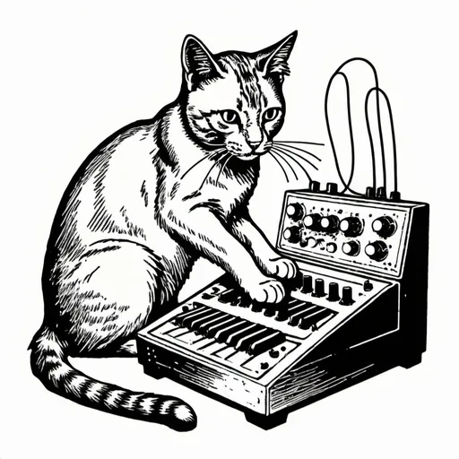 Prompt: A simple lithograph style woodcut of a cat plays a modular synth.
rough lines, wires, electronics, 1930s clip art