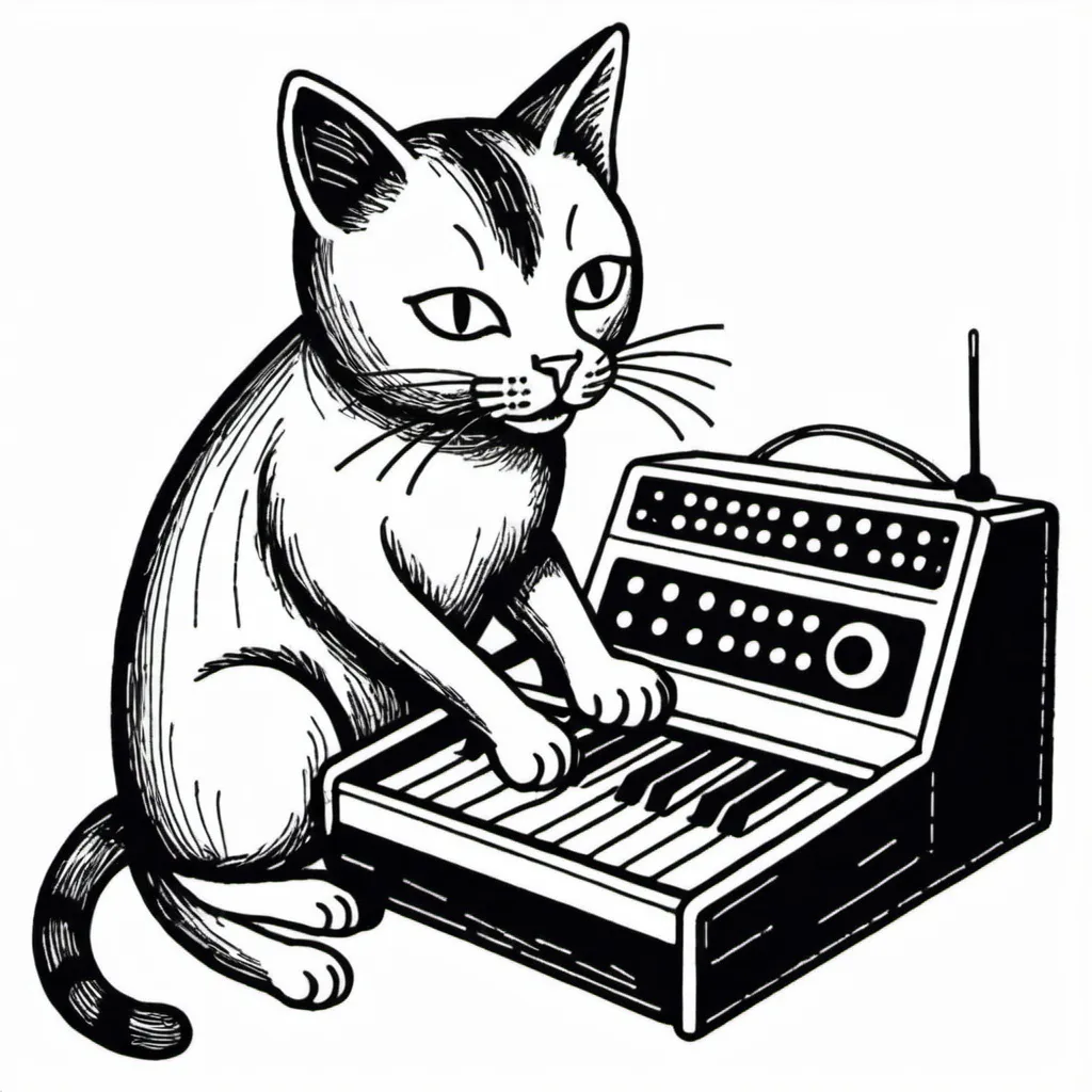 Prompt: A super simple lithograph style woodcut of a cat plays a synth.
rough lines, wires, electronics, 1930s clip art