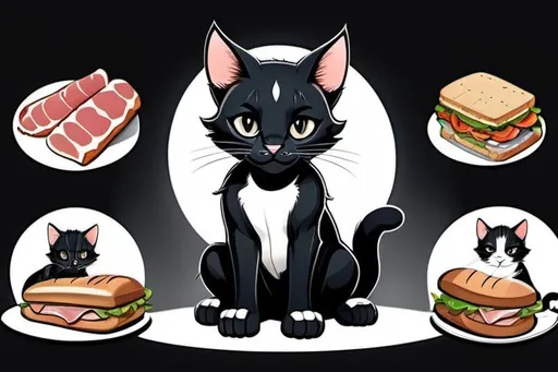 Prompt: Character sheet, feline cat named kali, black fur with white patches, slender body, dressed in  black pajama pants with ham and sandwhich meats,  gorgeous, beautiful, D&D sheet, oc character. comic book art. illustration.