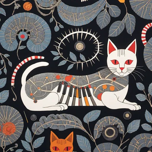 Prompt: cat synth, Gond patterns,