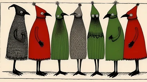 Prompt: Chickens During Christmas By Edward Gorey. Retro Postcard. Gothic. Reds And Greens