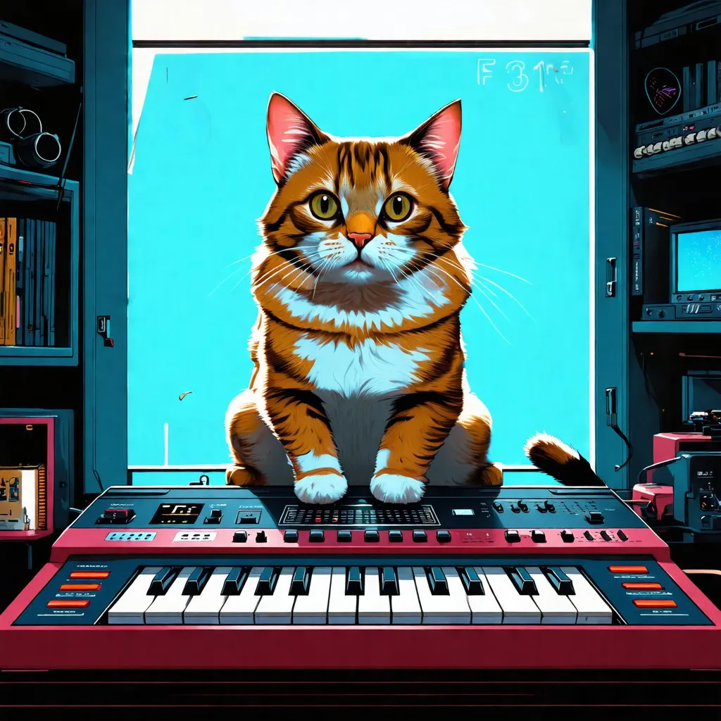 Prompt: Create an illustration of a cat that is playing the modular synth.  By Edward gory, Simon stalenhag , vincent di fate

