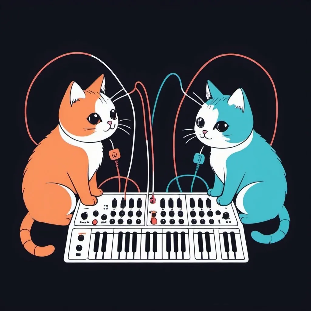 Prompt: Over the wire communication. Cute kawaii { cats plays a modular synth} cat, , illustration minimalism, vector, colorful. synth, wires, circuits. Two Cats talking over wires. 