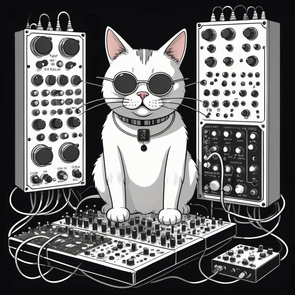 Prompt:  cat plays a modular synth, cartoon style. circuits and electronics abound.  The cat is mostly black, but some white in face, chest and arms
