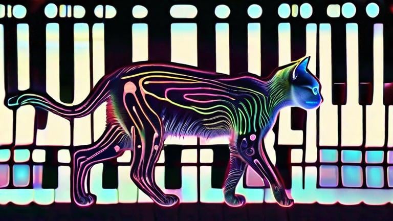 Prompt: Retro poster of  Cat plays modular synth Thin Skin, Masterpiece of xray art style,  cat xray, professional high resolution photography, xray skeleton Transparent cat, ray art style, delicate cat walking on fence, double exposure, transparent fur, color, xray art, luminous cat skeleton, colorful glowing guts, Style as by Alex Grey