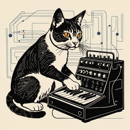 Prompt: A simple lithograph style woodcut of a cat plays a modular synth.
rough lines, wires, electronics, 1930s clip art. wisps of color here and there