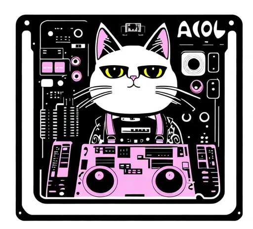 Prompt: cat cyborg punk 80s retro synthpop. A Cat plays a modular synth. Sticker art. white background