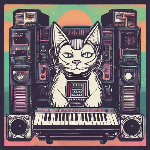 Prompt: festival inspired design of cat plays synth, vector, print on demand, POD, clean background