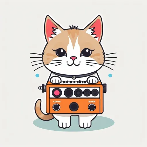 Prompt: Cowbell. Cute kawaii { cat plays a modular synth} snowshoe point lynx cat, white background, illustration minimalism, vector, colorful. Drums, cowbell. boink