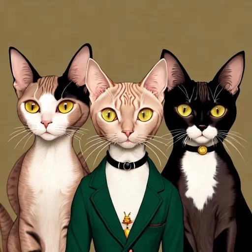 Prompt: portrait of three cats in the style of wes anderson, ridley scott and spike jonze. The cats are a Sphynx, point lynx Siamese and a black and white cat