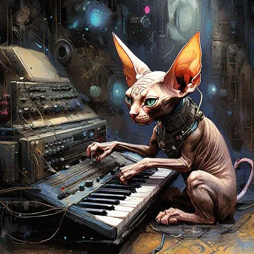 Prompt: Amazing intricate Highly detailed Painting of a sphynx cat playing a synth :: Hyper-detailed masterpiece :: by Joe Fenton Tracy J. Butler Brian Kesinger Wadim Kashin Ismail Inceoglu Jordan Grimmer splash art watercolor dark and gritty