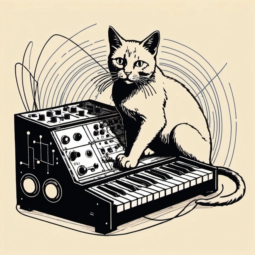 Prompt: A simple lithograph style woodcut of a cat plays a modular synth.
rough lines, wires, electronics, 1930s clip art. wisps of color here and there