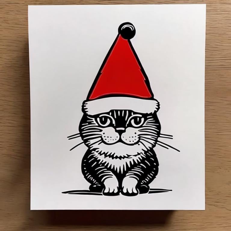 Prompt: simple one color linocut of a cat with a santa hat. Very Simple
