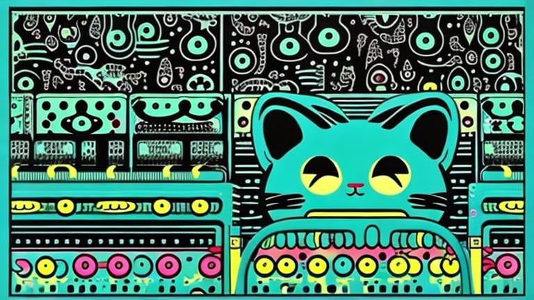 Prompt: Retro poster of cute  Cat plays modular synth by yayoi kusama, takasi murakami, Toshio saeki.  Blue and green colors