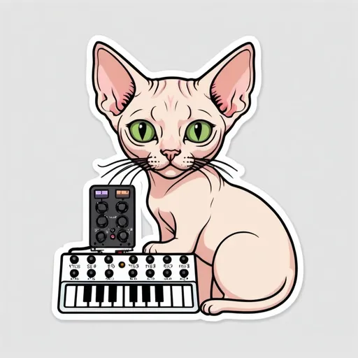 Prompt:  Cute kawaii { cat plays a modular synth}   sphynx cat,  white background, illustration minimalism, vector, colorful. ATTINY85 arduino processor. Sticker