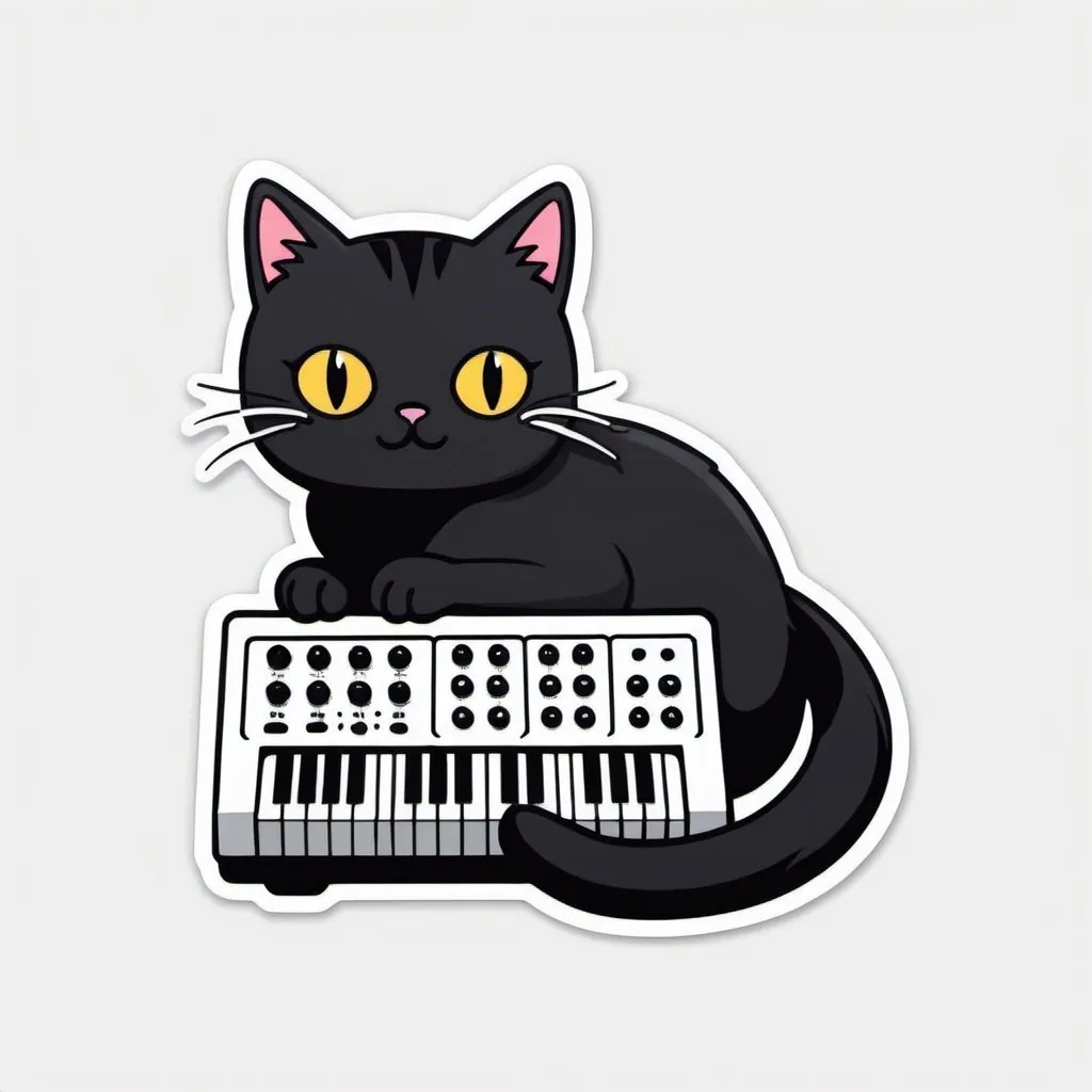 Prompt: single Die-cut sticker, Cute kawaii { cat plays a modular synth} sticker, black cat,  white background, illustration minimalism, vector, colorful