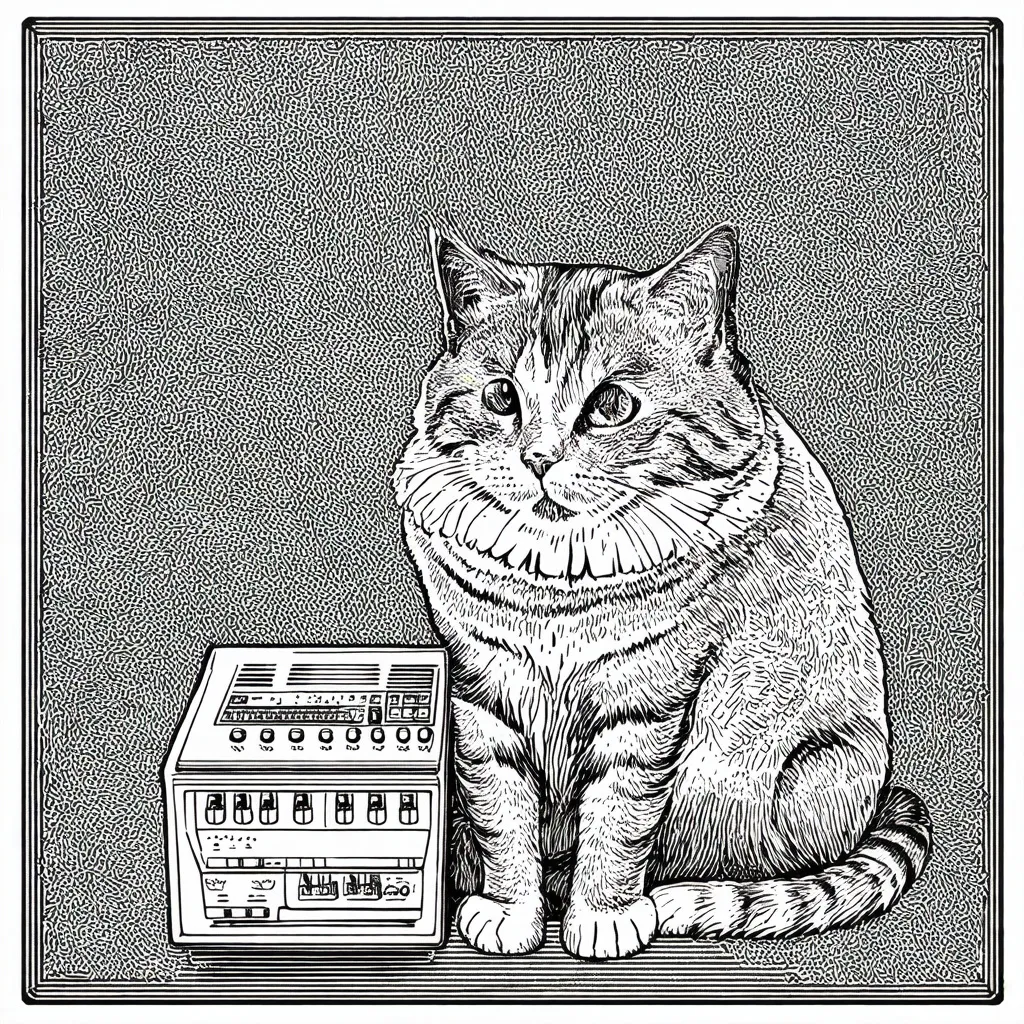 Prompt: cat plays modular synth, Gond patterns, logo, line art