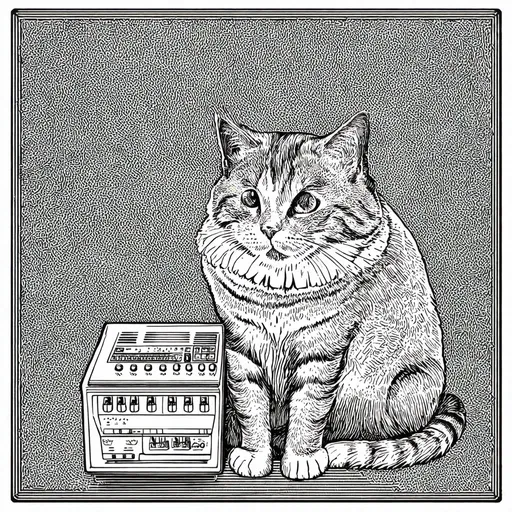 Prompt: cat plays modular synth, Gond patterns, logo, line art