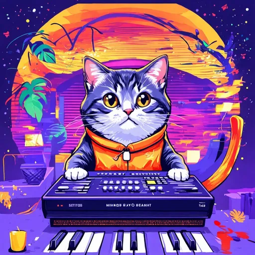 Prompt: festival inspired design of cat plays synth, vector, print on demand, POD, clean background