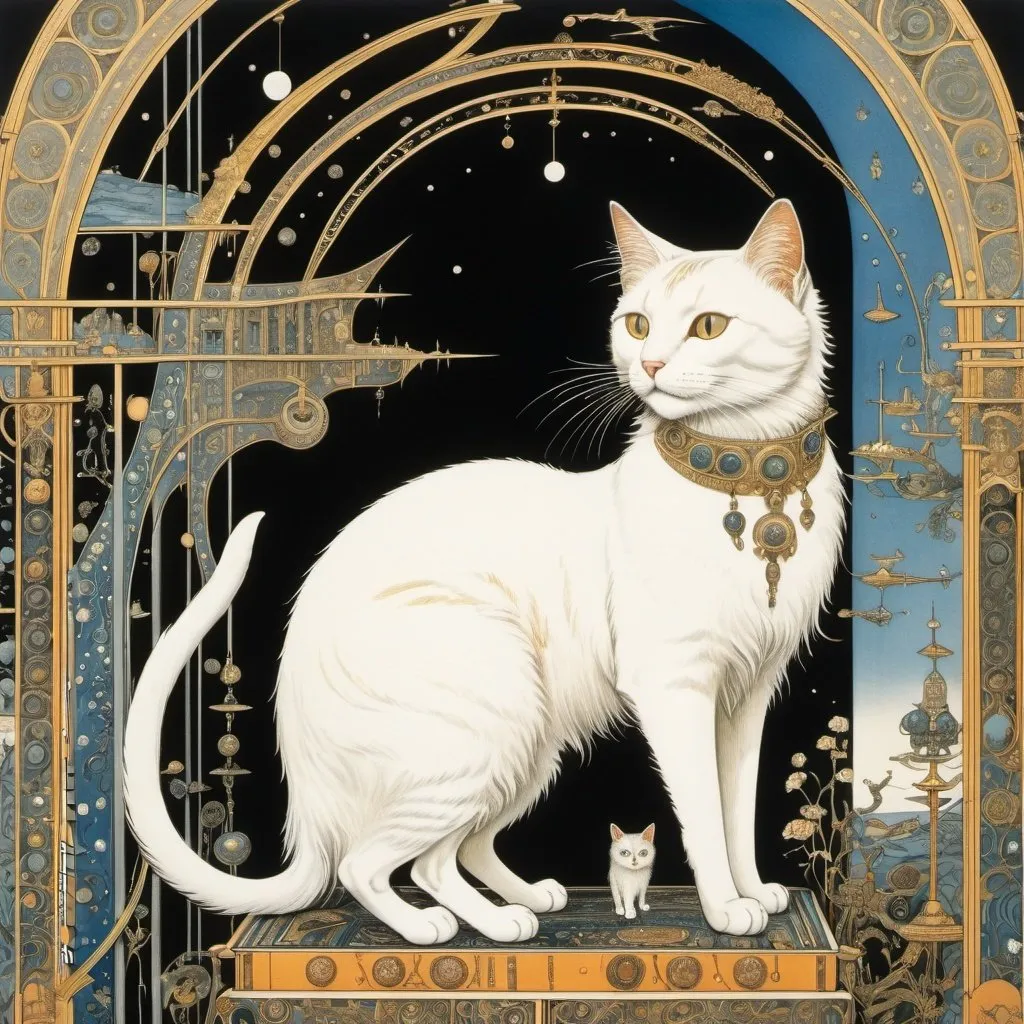 Prompt: Kay Nielsen, Walter Crane, Katsuya Terada, Leonora Carrington, Surrealism Mysterious Weird Fantastic Fantasy Sci-fi, Cat plays modular synth.  Gates, detailed masterpiece 