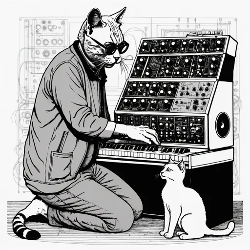 Prompt: cat plays modular synth, ed gorey, logo, line art