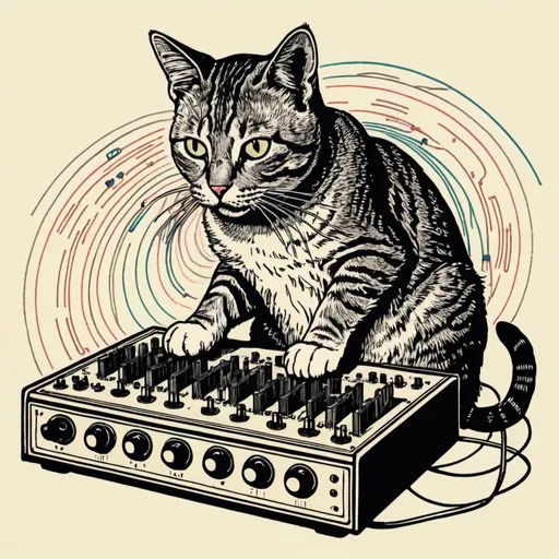 Prompt: A simple lithograph style woodcut of a cat plays a modular synth.
rough lines, wires, electronics, 1930s clip art. wisps of color here and there