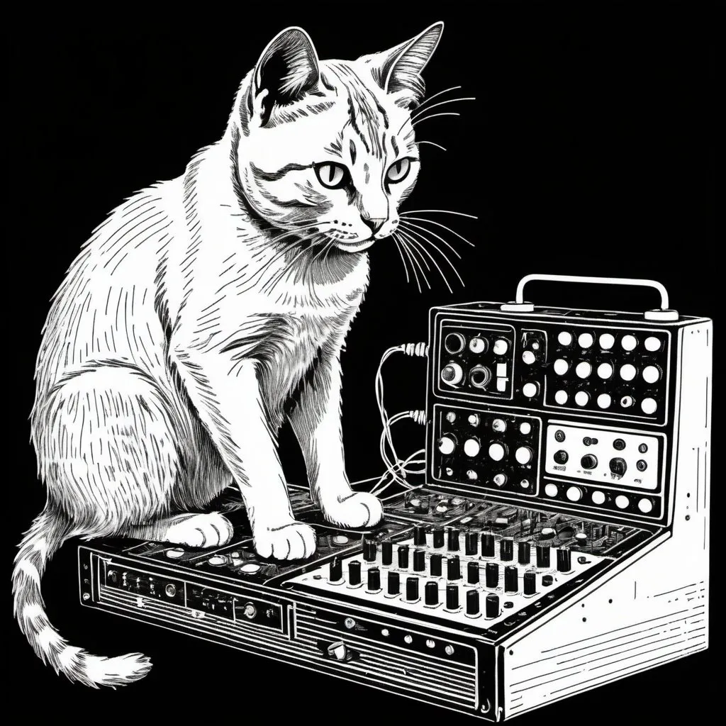 Prompt: A simple lithograph style woodcut of a cat plays a modular synth.
rough lines, wires, electronics, 1930s clip art. wisps of color here and there