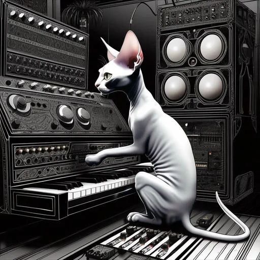 Prompt: ((art by tim burton)), [goth:alternative:.2], sphynx cat playing a modular synth,  best quality, masterpiece, illustration,  super detailed, HDR, 64K, RPG,
