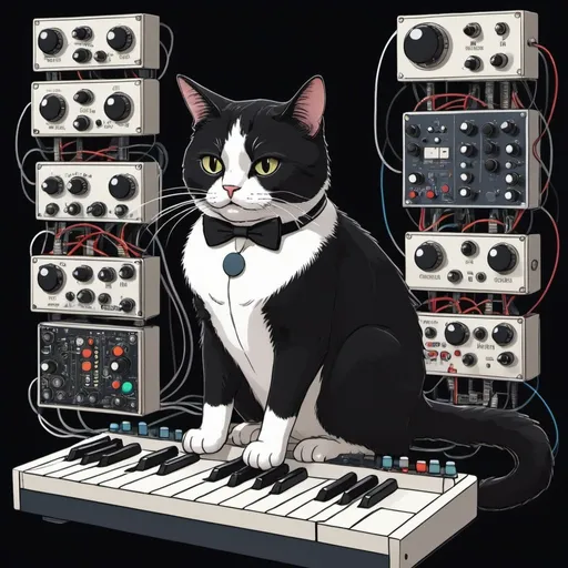 Prompt: tuxedo cat plays a modular synth, cartoon style. circuits and electronics abound