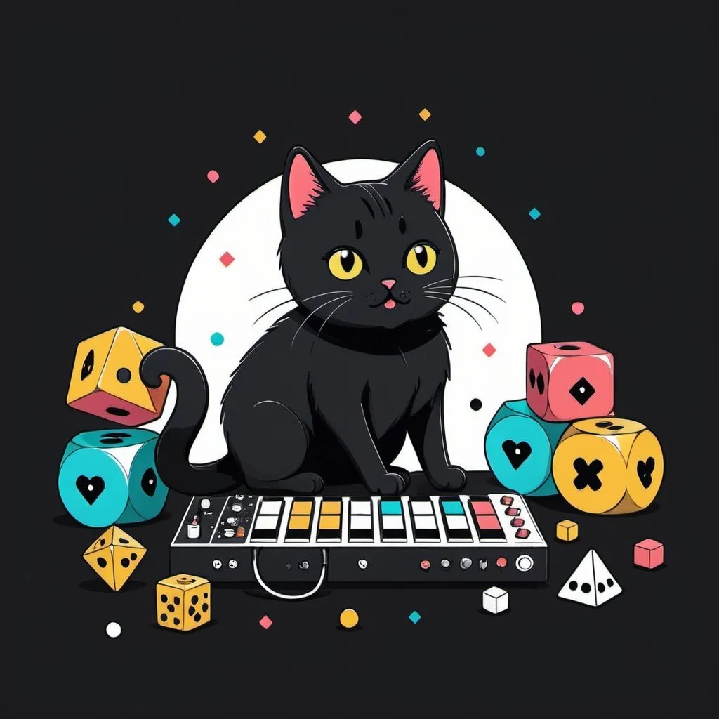 Prompt: Probability and chance.  Cute kawaii { cat plays a modular synth}   black cat,  white background, illustration minimalism, vector, colorful. Dice, cards, coin