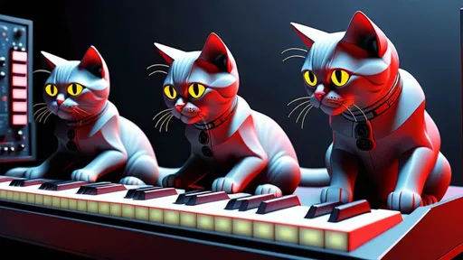 Prompt: dark computer wallpaper of Cats playing modular synths. Very Kraftwerk style.