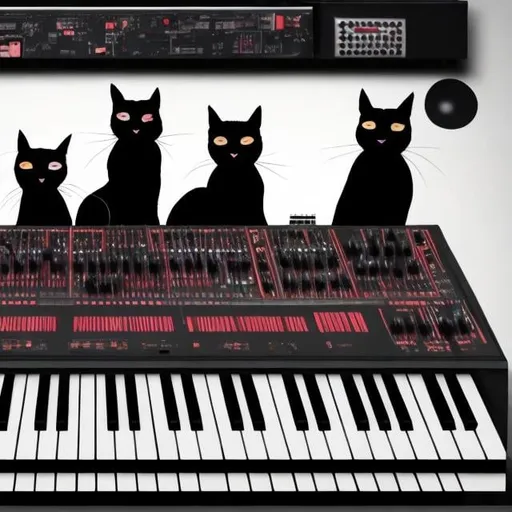 Prompt: Computer wallpaper of four cats playing modular synths like they were the band kraftwerk.  It should be darker colors like a concert