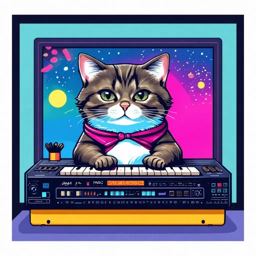 Prompt: festival inspired design of cat plays synth, vector, print on demand, POD, clean background