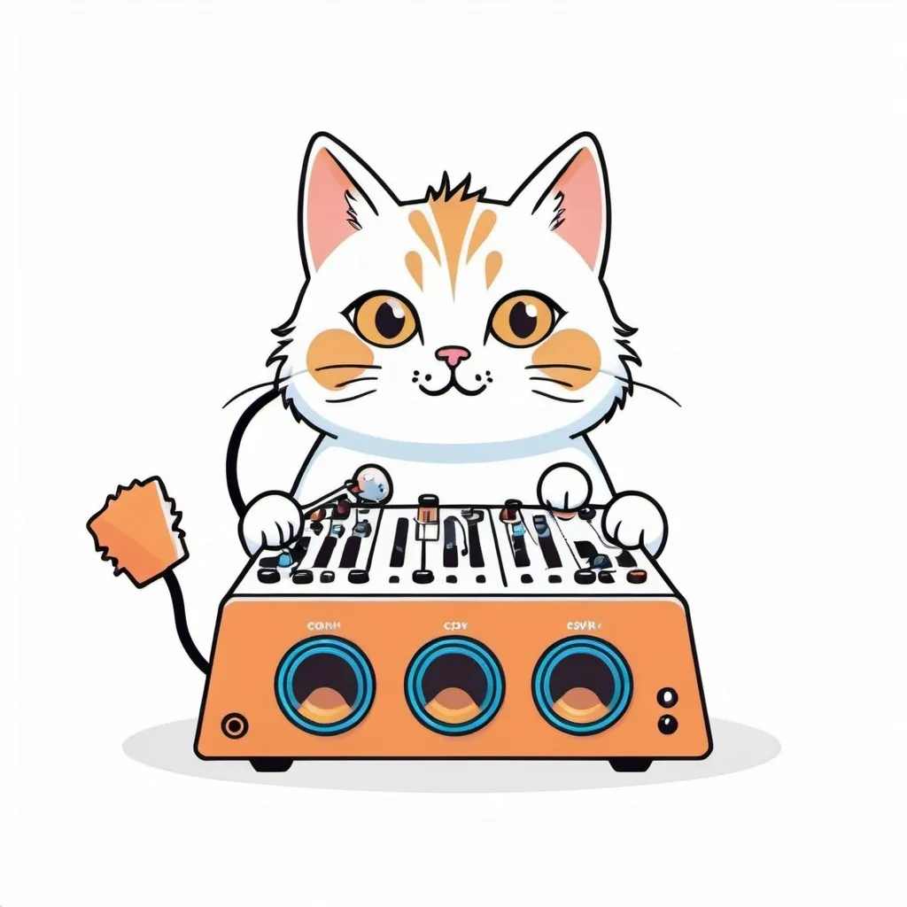 Prompt: Cowbell. Cute kawaii { cat plays a modular synth} snowshoe point lynx cat, white background, illustration minimalism, vector, colorful. Drums, cowbell. boink