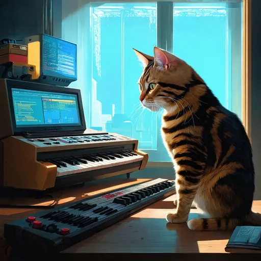 Prompt: Create an illustration of a cat that is playing the modular synth.  By Edward gory Simon stalenhag

