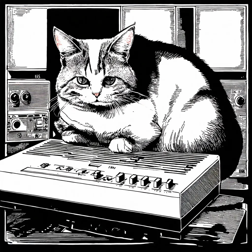 Prompt: cat plays modular synth, ed gorey, logo, line art