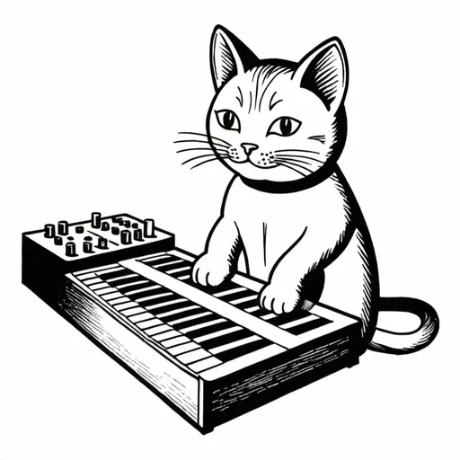 Prompt: A super simple lithograph style woodcut of a cat plays a synth.
rough lines, wires, electronics, 1930s clip art