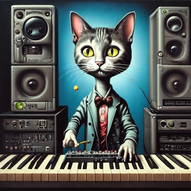 Prompt: a painting of a cat playing a synth, a surrealist painting by Mark Ryden, deviantart, pop surrealism, mark ryden in the style of, mark ryden style, mark ryden highly detailed