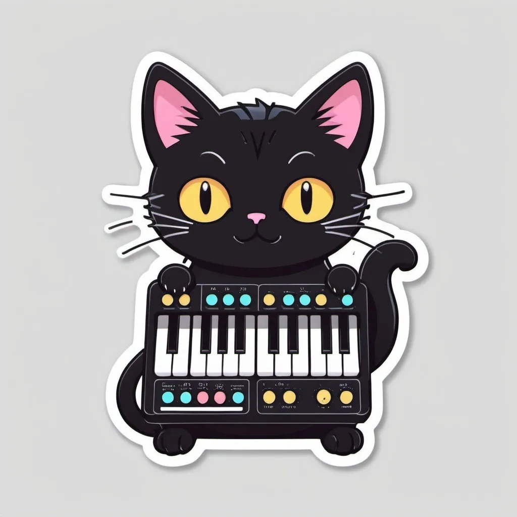 Prompt: single Die-cut sticker, Cute kawaii { cat plays a modular synth} sticker, black cat,  white background, illustration minimalism, vector, colorful