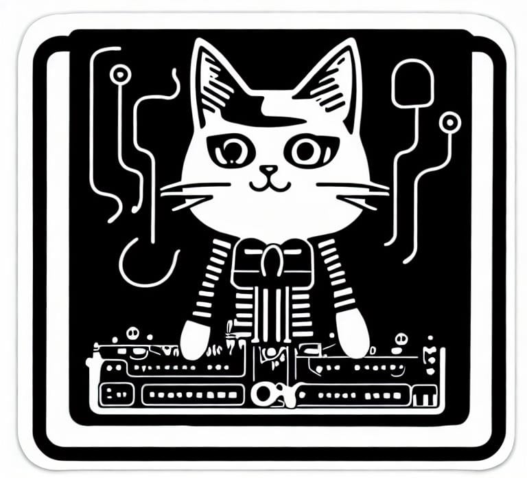 Prompt: single Die-cut sticker, Cute kawaii { cat plays a modular synth} sticker, white background, illustration minimalism, vector, 