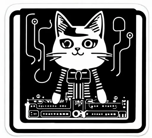 Prompt: single Die-cut sticker, Cute kawaii { cat plays a modular synth} sticker, white background, illustration minimalism, vector, 