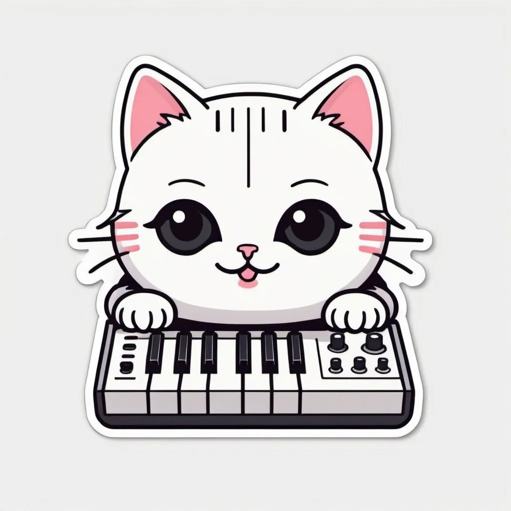 Prompt: single Die-cut sticker, Cute kawaii { cat plays a modular synth} sticker, white background, illustration minimalism, vector, 