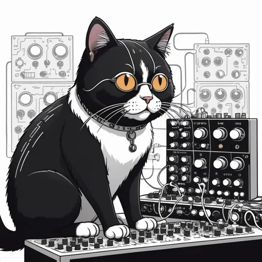 Prompt:  cat plays a modular synth, cartoon style. circuits and electronics abound.  The cat is mostly black, but some white in face, chest and arms
