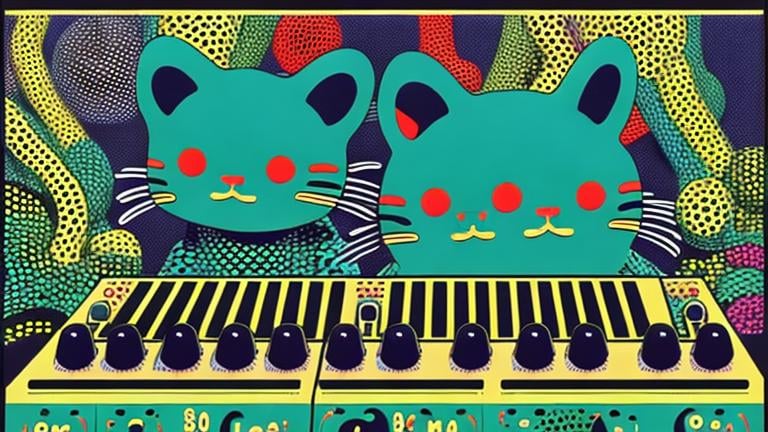 Prompt: Retro poster of cute  Cat plays modular synth by yayoi kusama, takasi murakami, Toshio saeki.  Blue and green colors