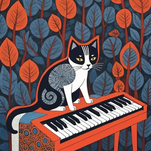 Prompt: cat plays synth, Gond patterns,