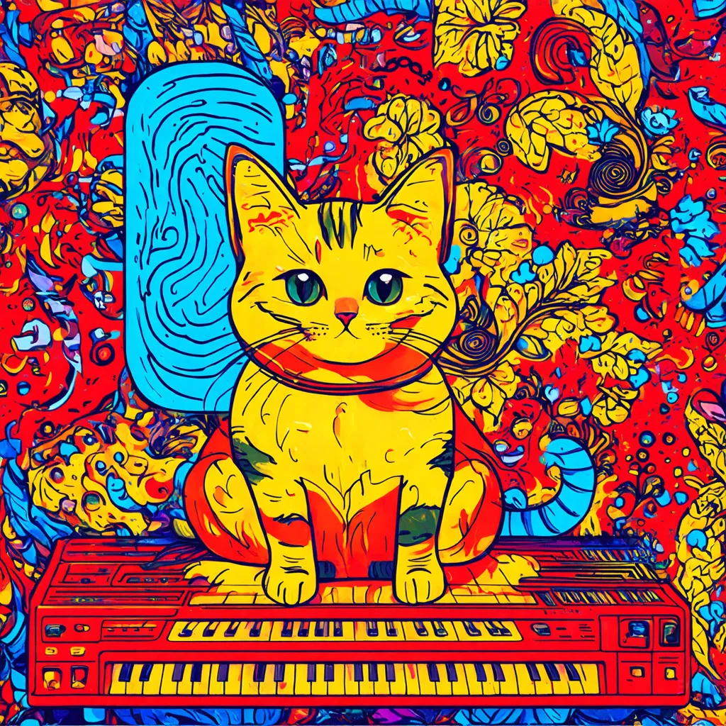 Prompt: cat plays synth, Gond patterns, logo, line art