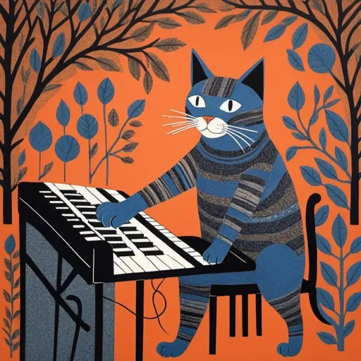 Prompt: cat plays synth, Gond patterns,