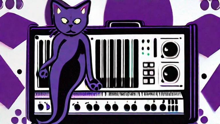 Prompt: Retro poster of tuxedo Cat plays modular synth by yayoi kusama, takasi murakami, Toshio saeki, banksy.  Blacks, dark violets, Blues, purples and dark green colors. It should visualize Random. best quality, highres, 