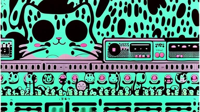 Prompt: Retro poster of cute  Cat plays modular synth by yayoi kusama, takasi murakami, Toshio saeki.  Blue and green colors