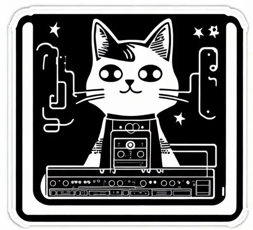 Prompt: single Die-cut sticker, Cute kawaii { cat plays a modular synth} sticker, white background, illustration minimalism, vector, 